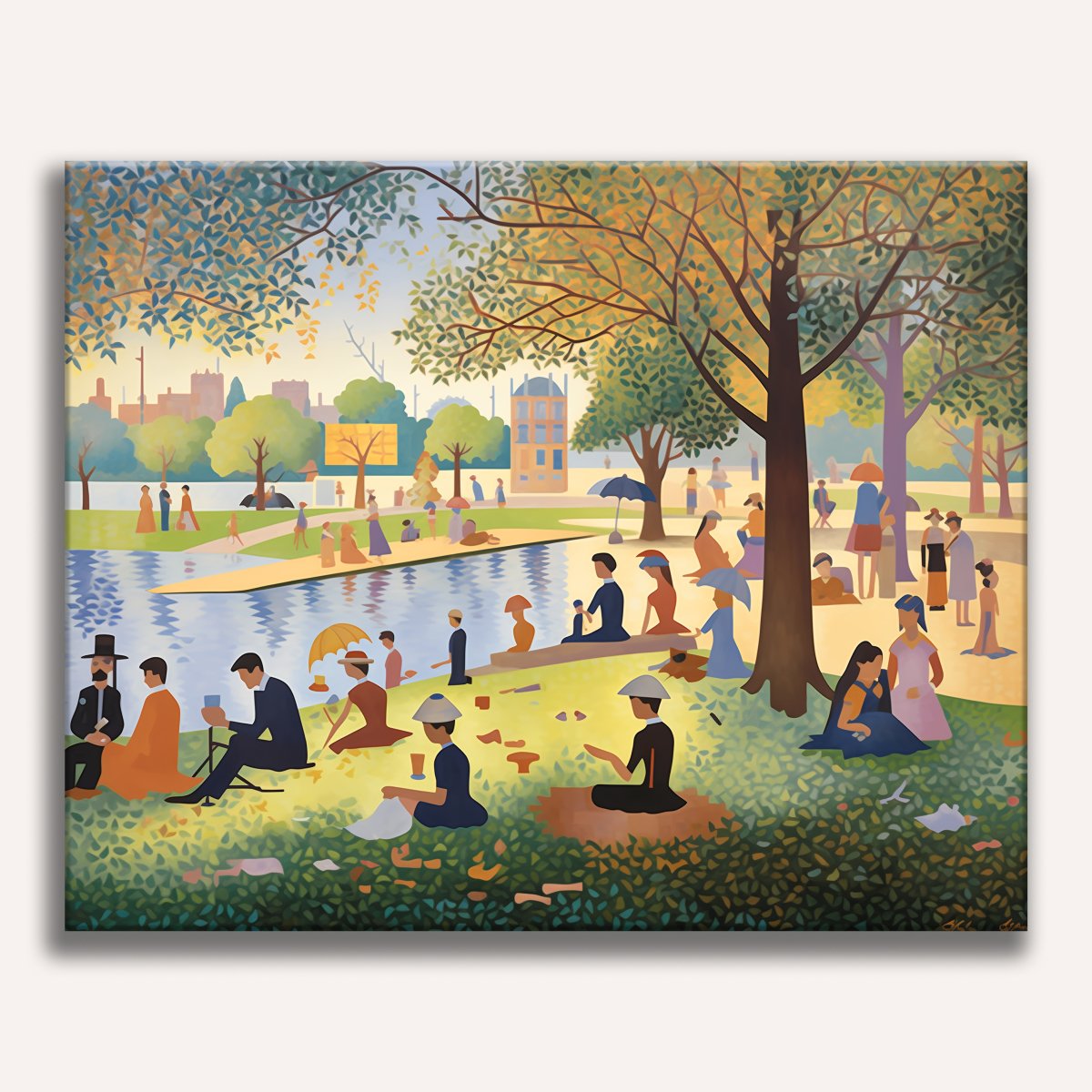 The image presents a vibrant scene from a park by a river.