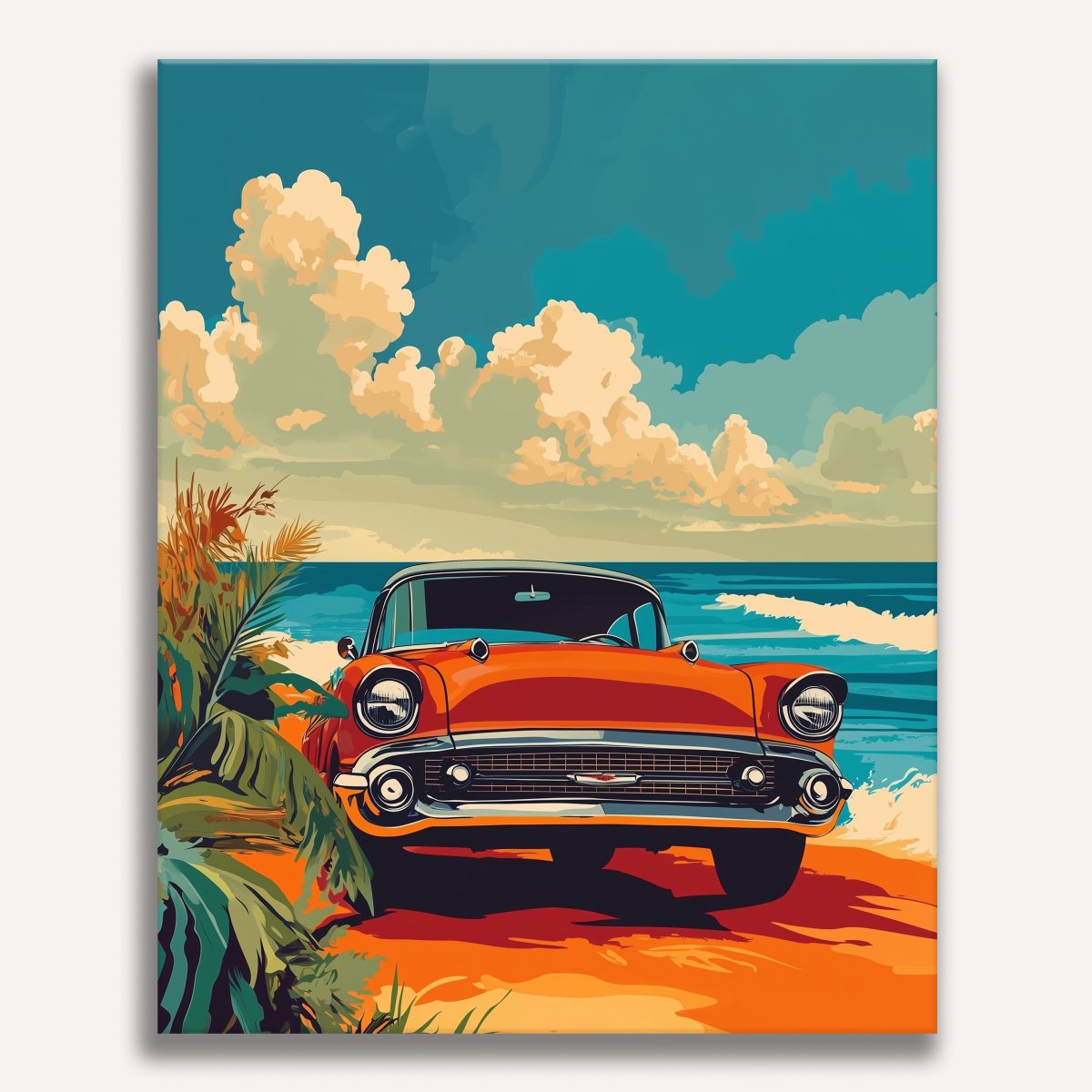 This image depicts a vintage car parked on a beach.