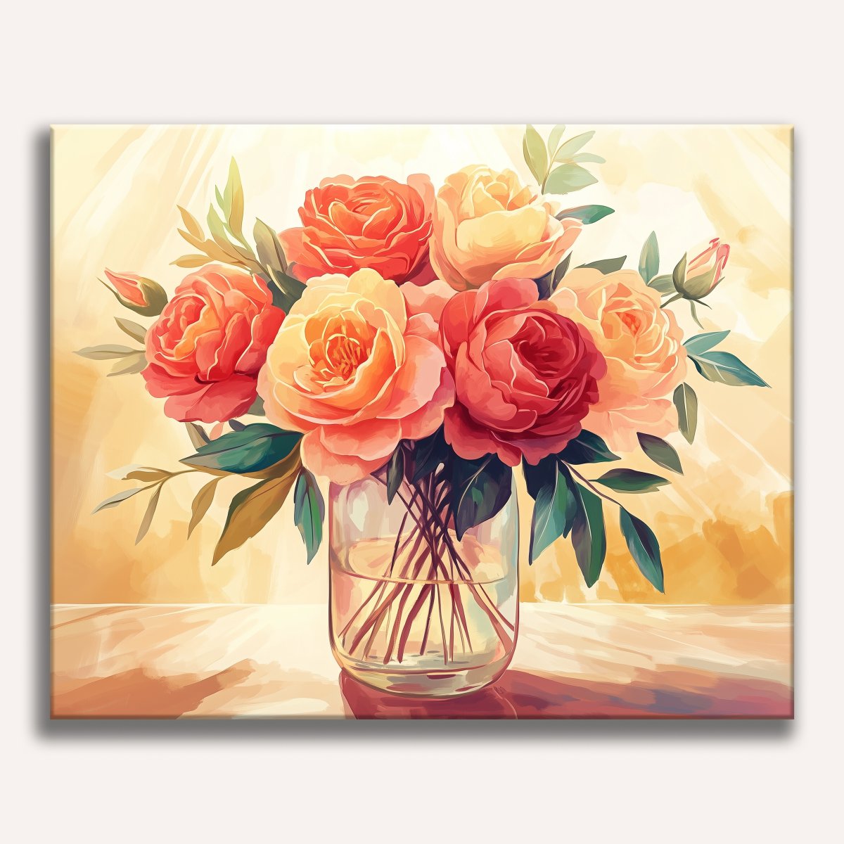 The image presents a still life composition featuring a clear glass vase filled with a bouquet of flowers on a table.