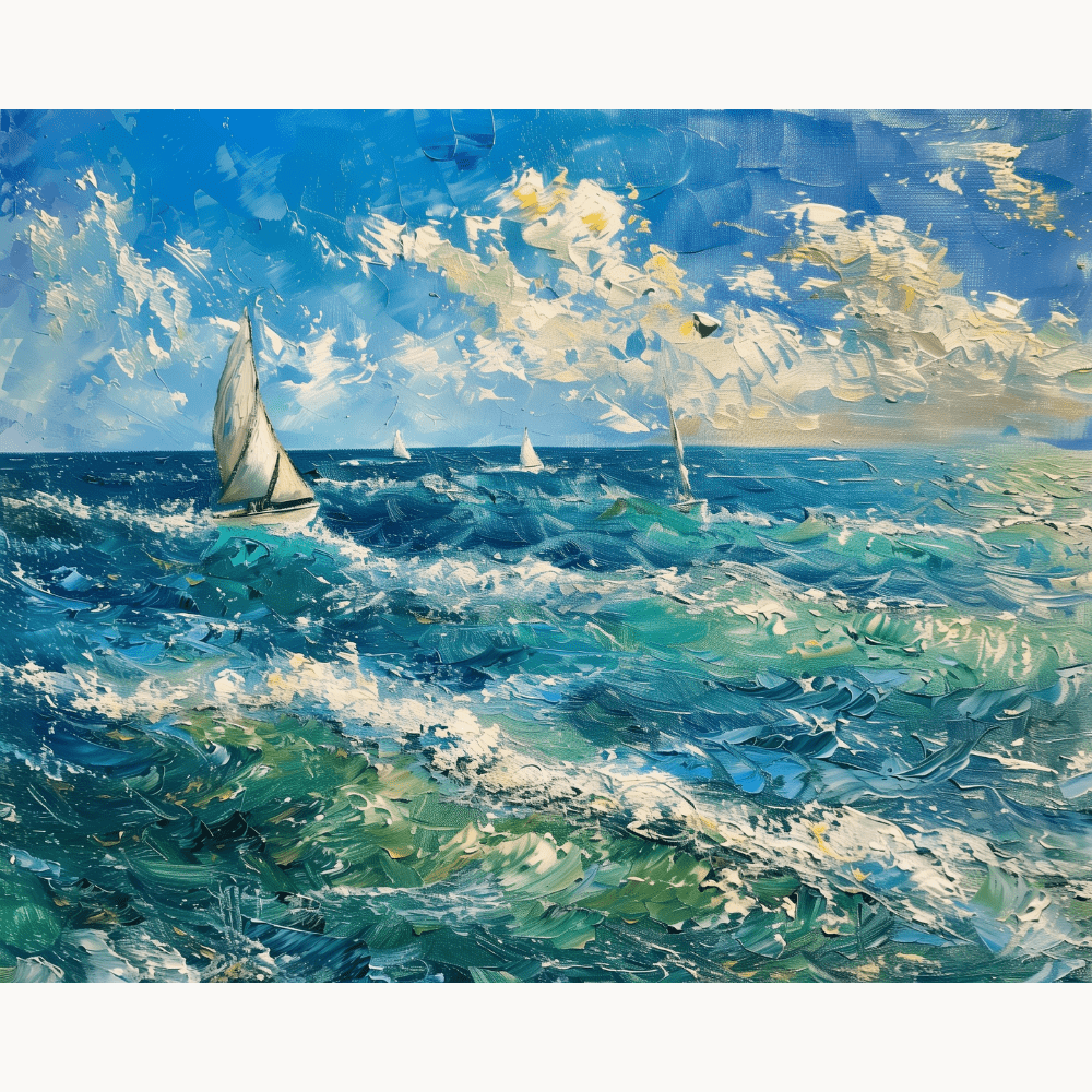 The image showcases an impressionist oil painting that captures a scene at sea.