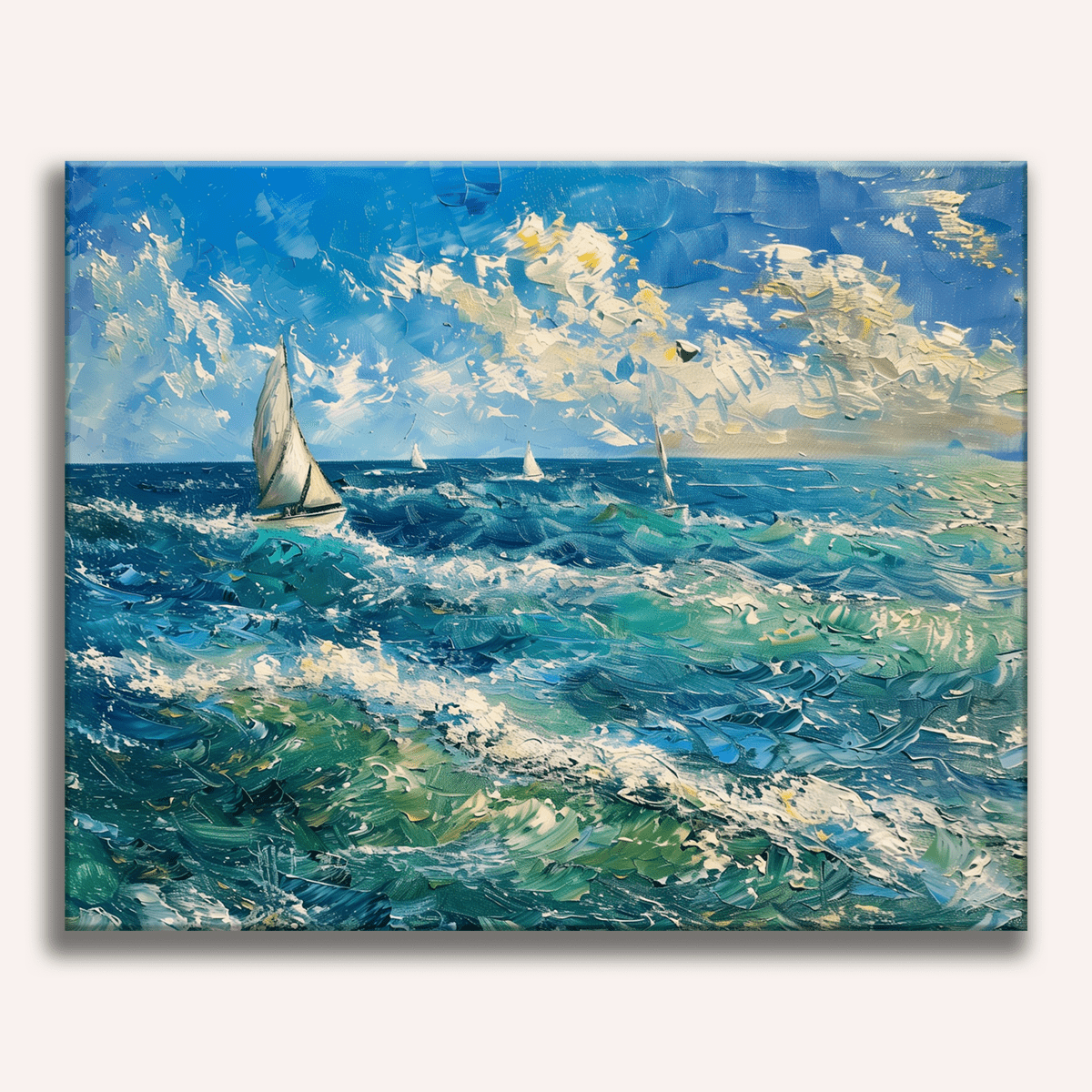 The image showcases an impressionist oil painting that captures a scene at sea.