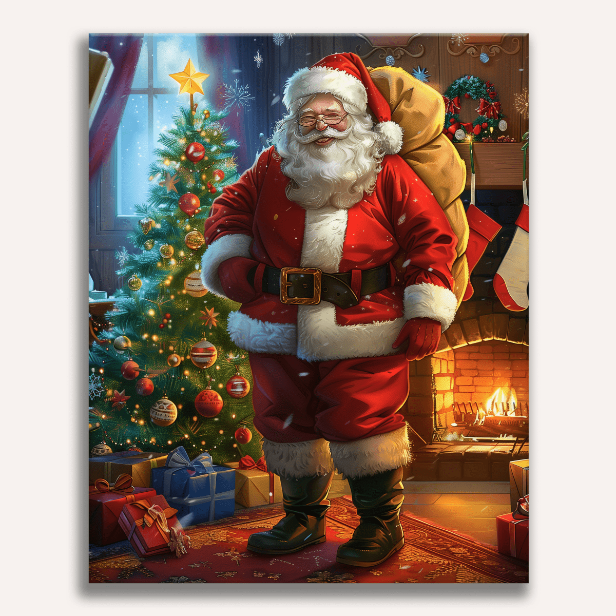 This image features a jovial Santa Claus standing indoors by a Christmas tree adorned with ornaments and lights.