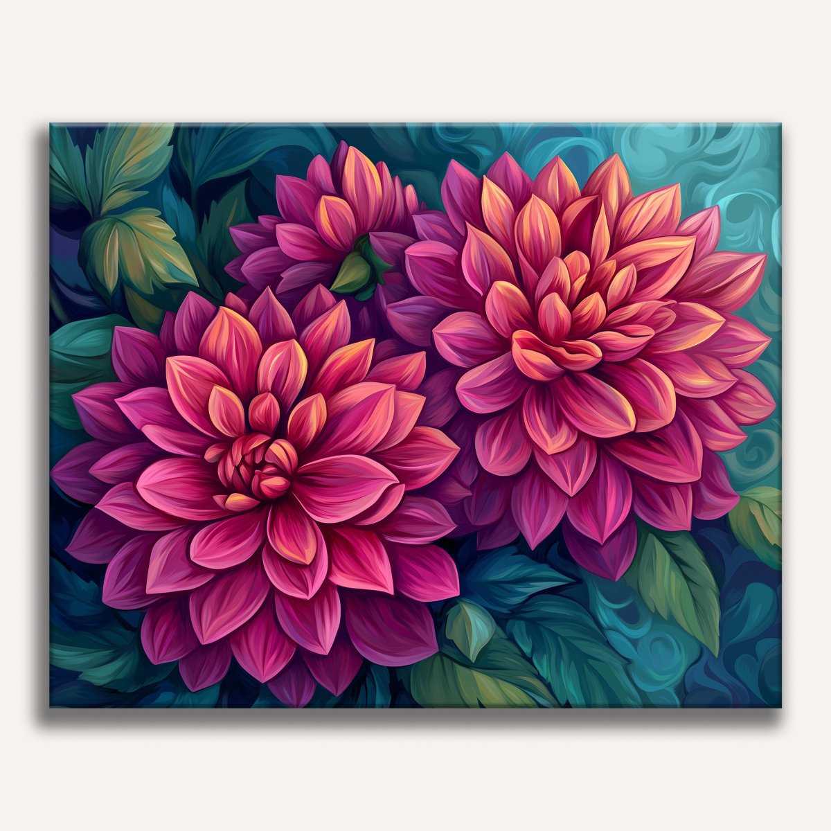 The image depicts a vibrant floral arrangement featuring large blooms.