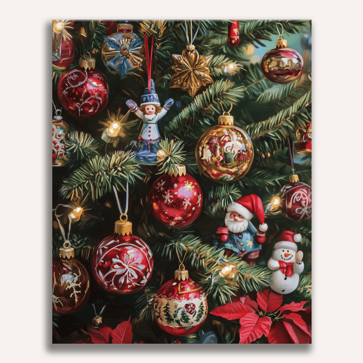 A beautifully decorated Christmas tree with a variety of ornaments, including red and white baubles, gold and silver tinsel, miniature Santas, angels, and other festive decorations.