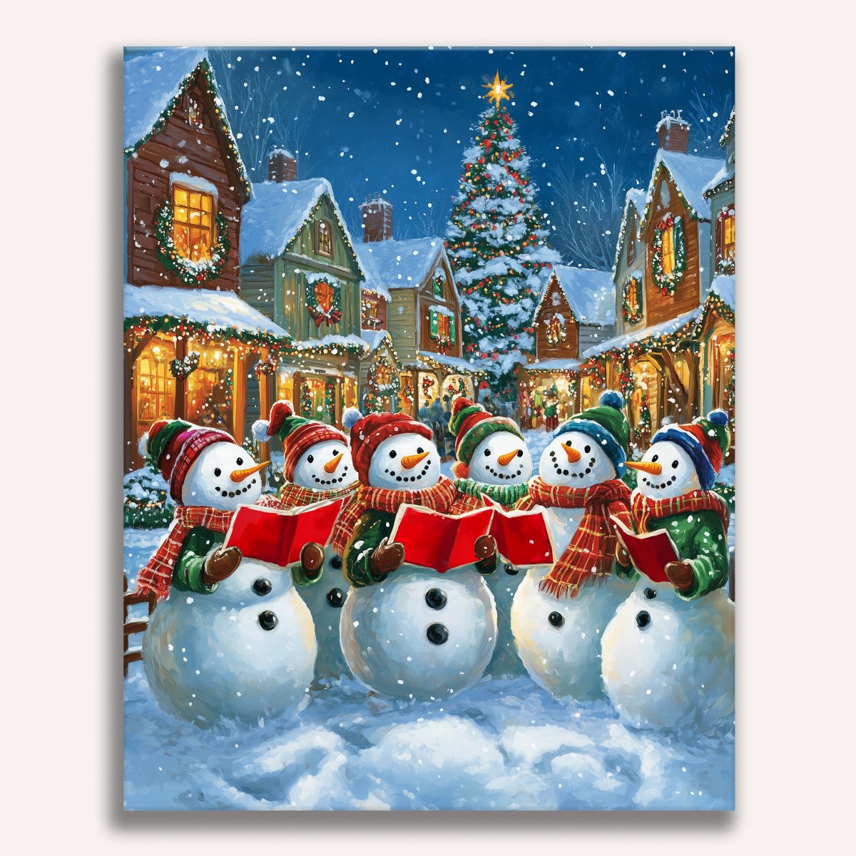 In the heart of a charming Christmas village, a group of snowmen stands together on a street adorned with twinkling lights.