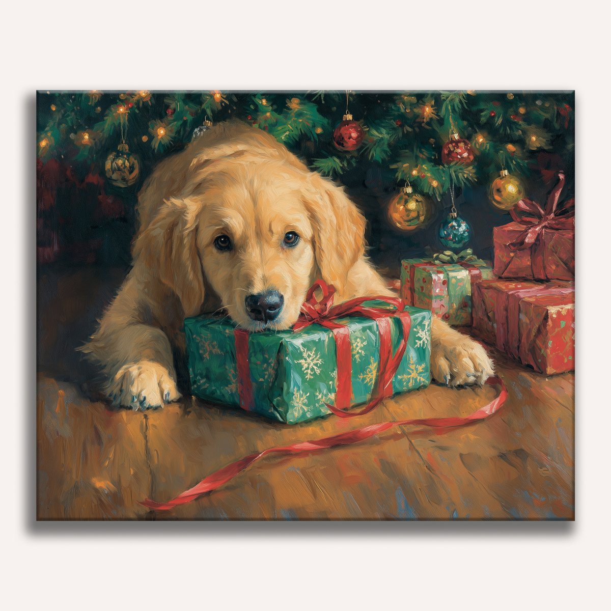 Golden retriever puppy with a bright yellow ribbon around its neck sits on wooden floor next to wrapped gifts adorned with tinsel and red bows, evoking a cozy holiday atmosphere..