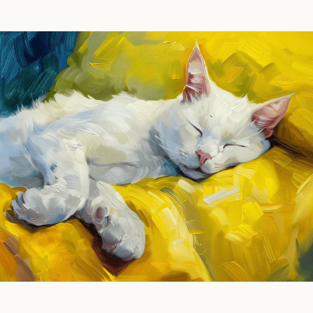 A white cat with a pink nose is sleeping peacefully on a yellow blanket.