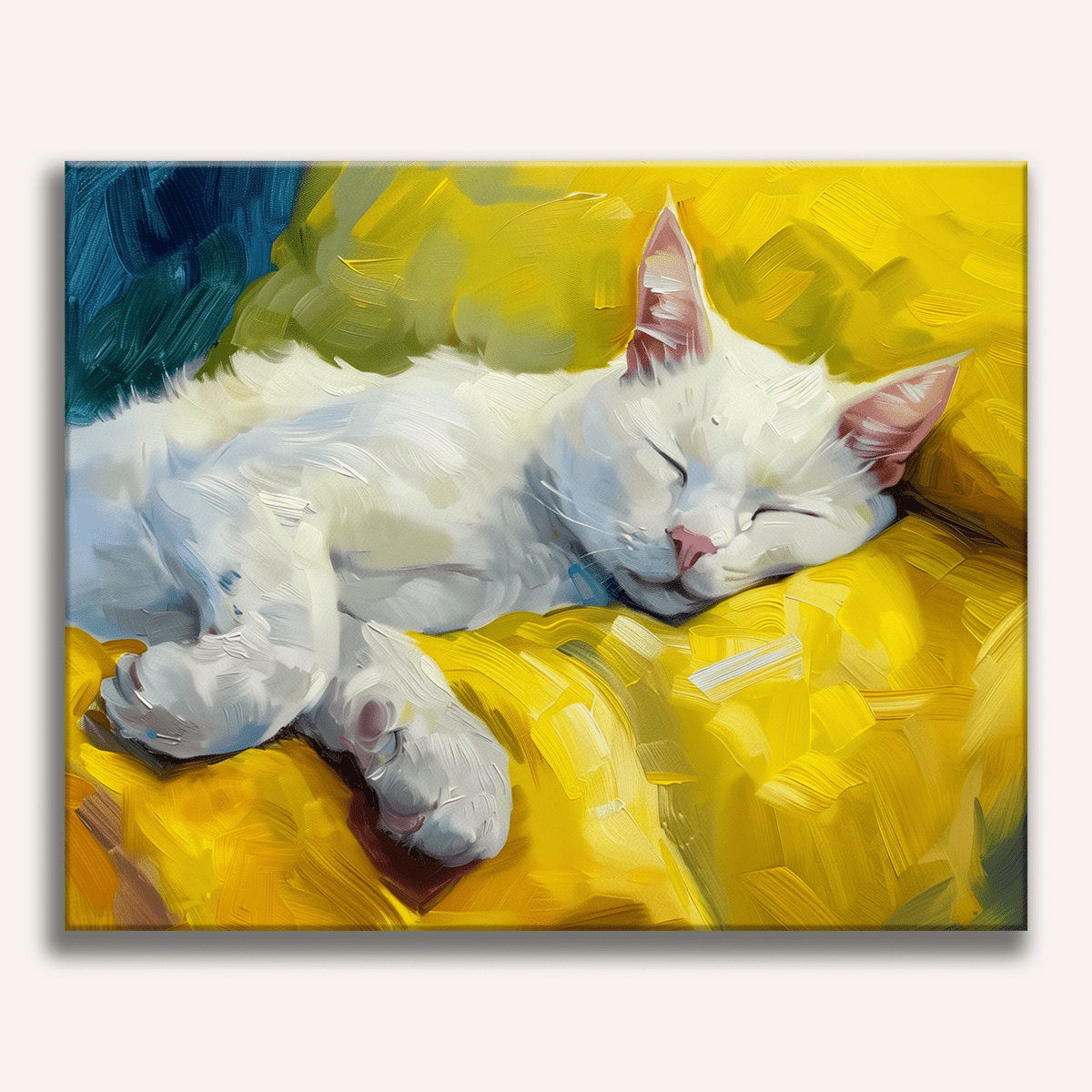 A white cat with a pink nose is sleeping peacefully on a yellow blanket.