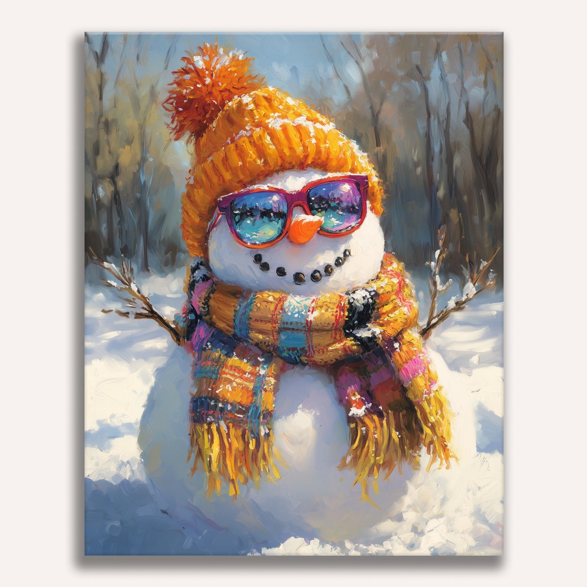 A whimsical snowman stands prominently in a winter scene, adorned with a vibrant scarf and a beanie.