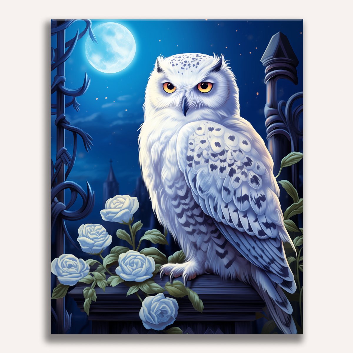 In the image, a majestic white owl with spotted feathers and glowing eyes is perched on a ledge.