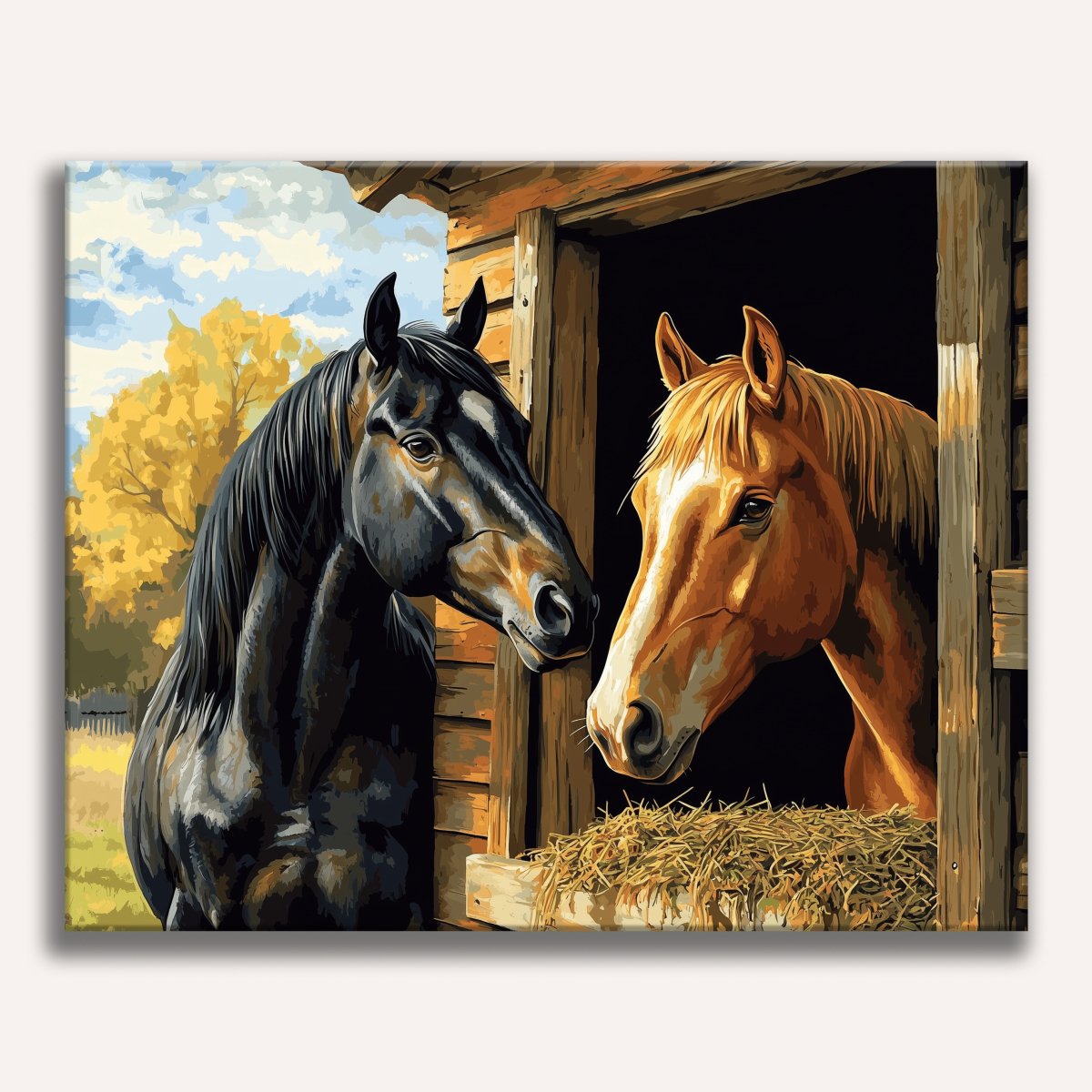 A digital art piece features two horses: a brown and black horse on the left looking out, and an orange and white horse on the right peering in through the window.