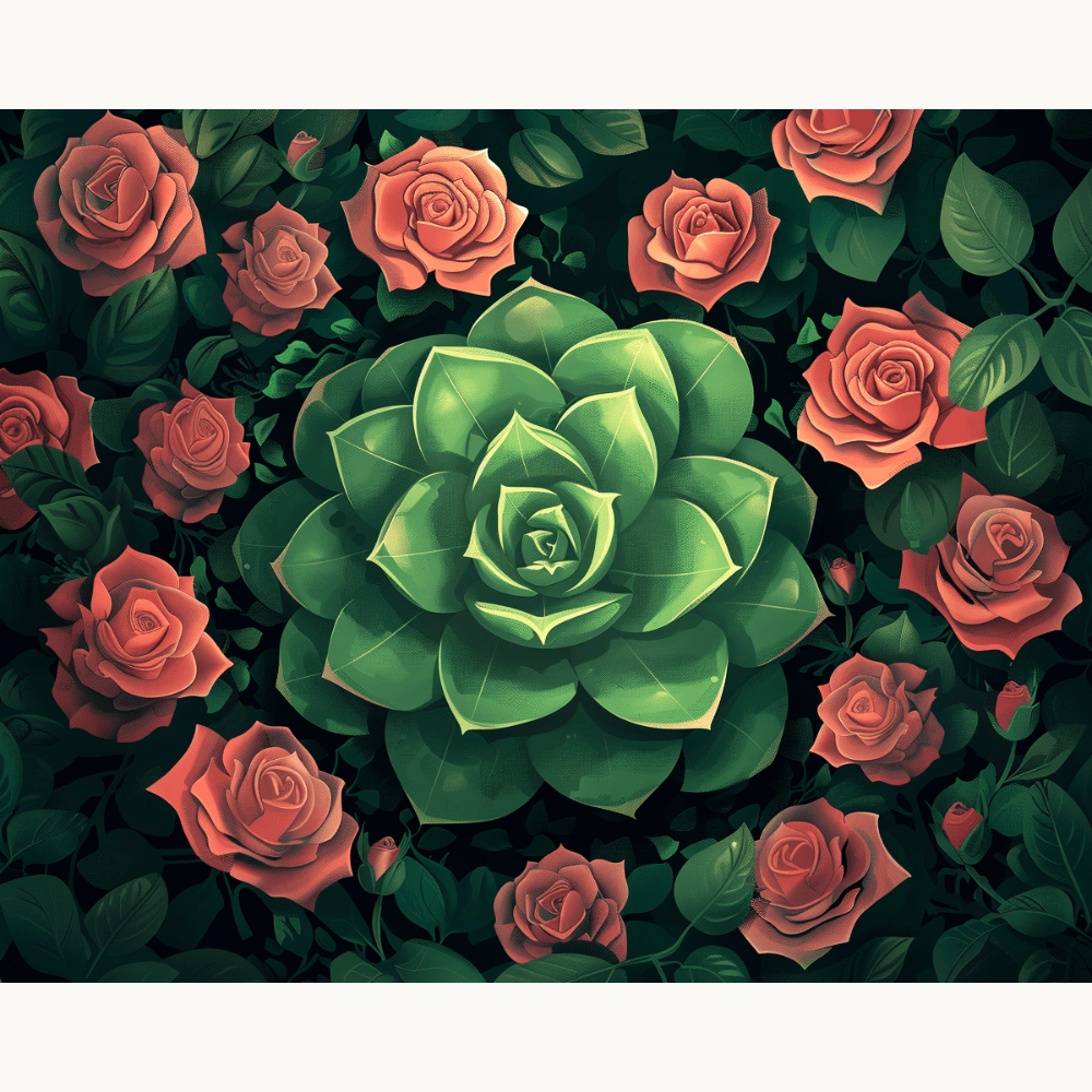 A watercolor illustration showcases a verdant cactus at the center, surrounded by a multitude of pink roses..