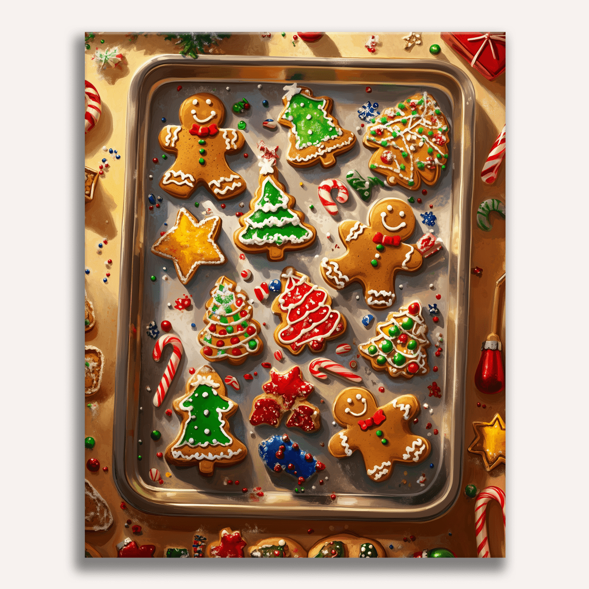 A silver baking sheet with a dozen festive gingerbread cookies on it.