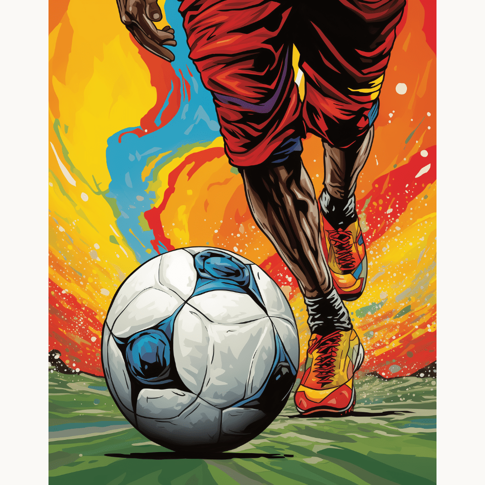 The image presents a poster featuring an illustrated soccer player in mid-action, kicking a ball on a field.