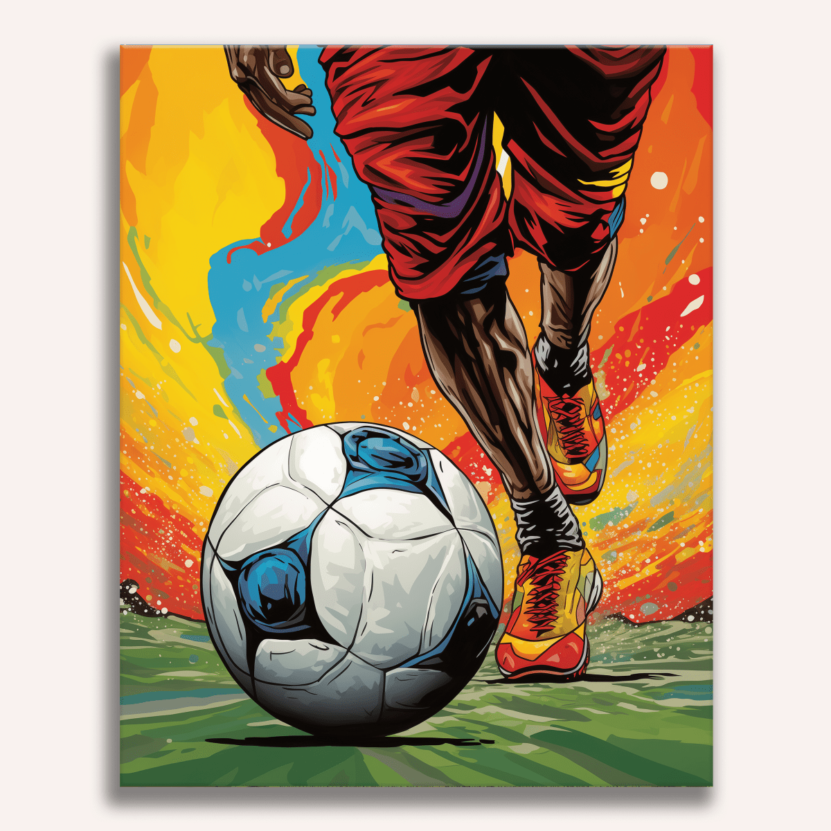 The image presents a poster featuring an illustrated soccer player in mid-action, kicking a ball on a field.