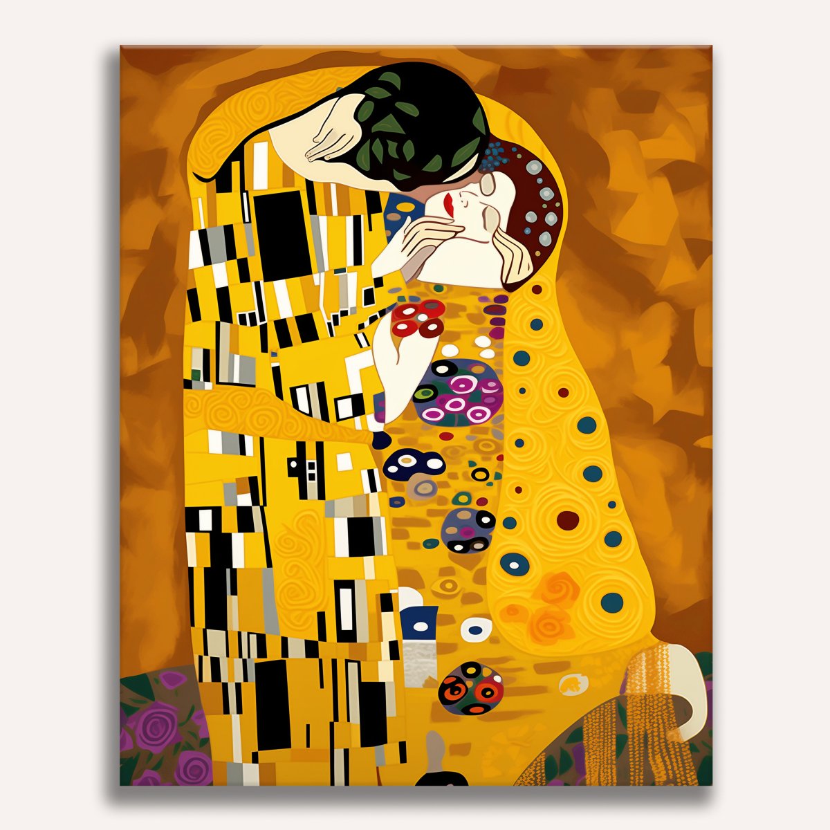 A couple embracing passionately in a warmly lit room adorned with abstract art.