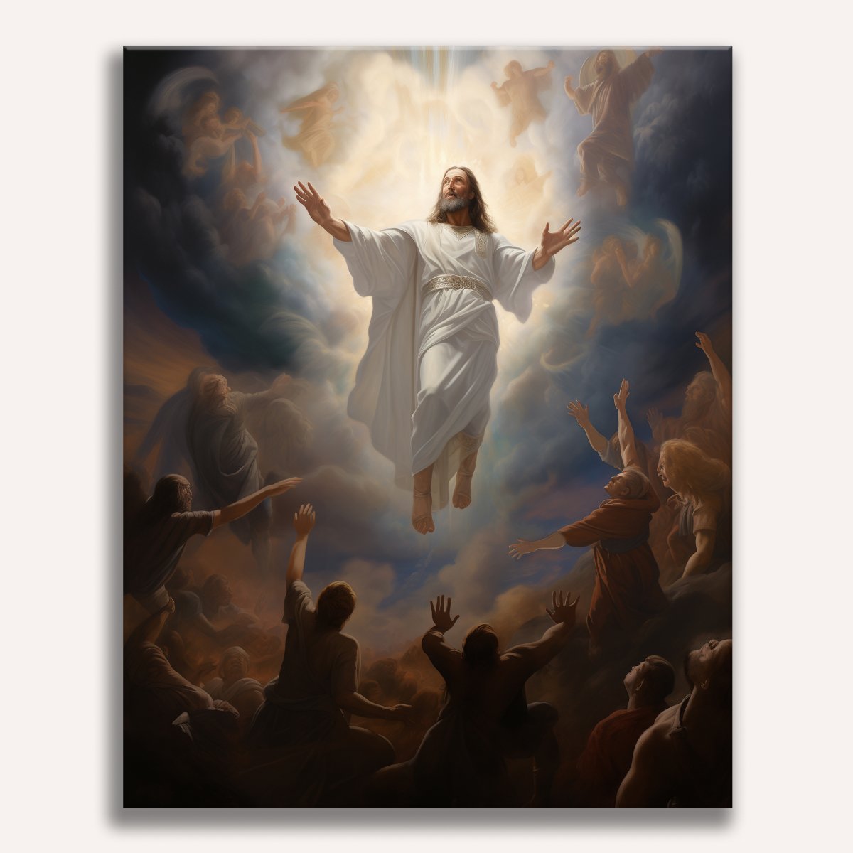 A vividly colored religious artwork depicts a scene with a central figure suspended in mid-air, radiating divine light.