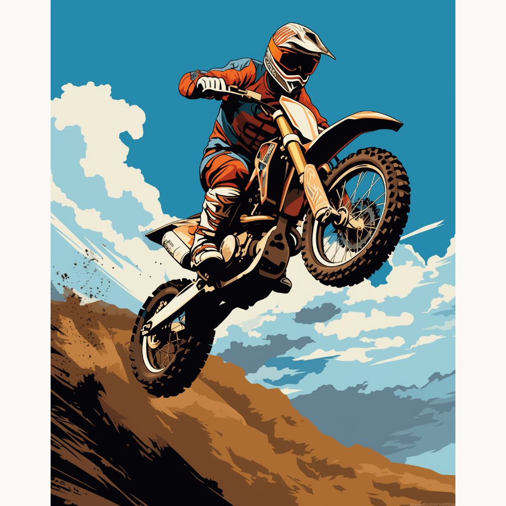 A dynamic illustration depicts a dirt bike rider in mid-air against a backdrop that suggests a vast expanse, possibly a desert or rugged landscape.