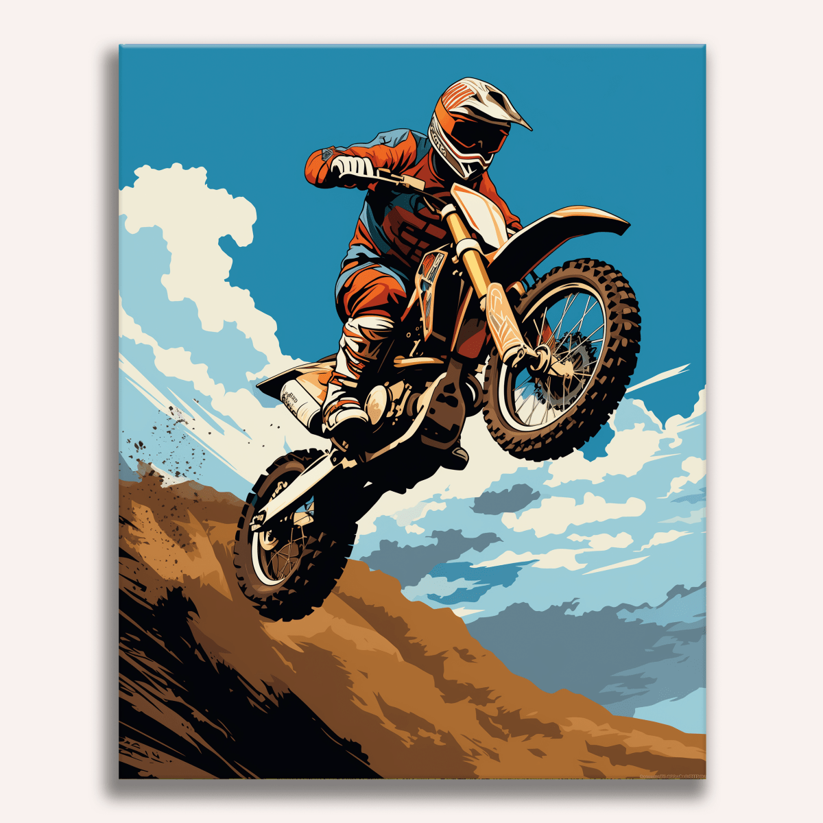 A dynamic illustration depicts a dirt bike rider in mid-air against a backdrop that suggests a vast expanse, possibly a desert or rugged landscape.