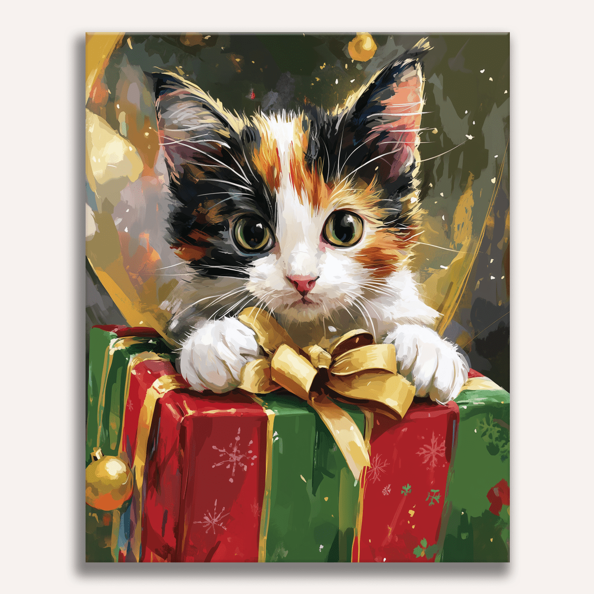 A digital illustration features a cat sitting atop a gift-wrapped Christmas tree, which is inside a Christmas stocking.