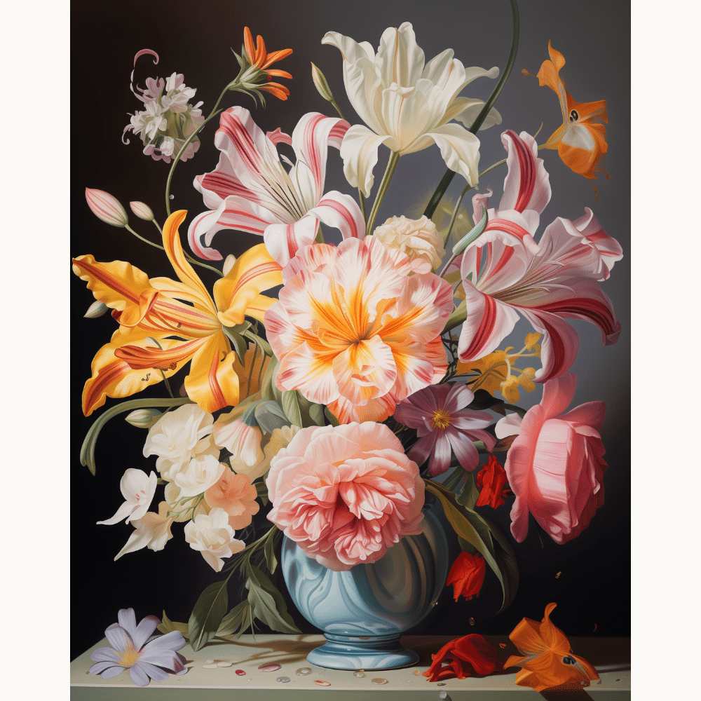 A large canvas print showcasing a still life floral arrangement, featuring various flowers and greenery in a vase.