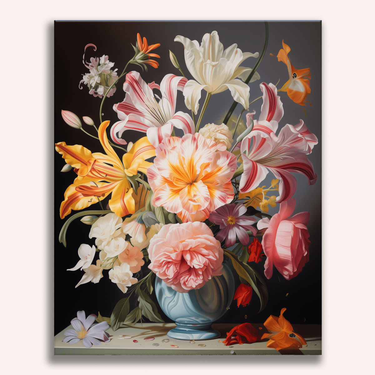 A large canvas print showcasing a still life floral arrangement, featuring various flowers and greenery in a vase.