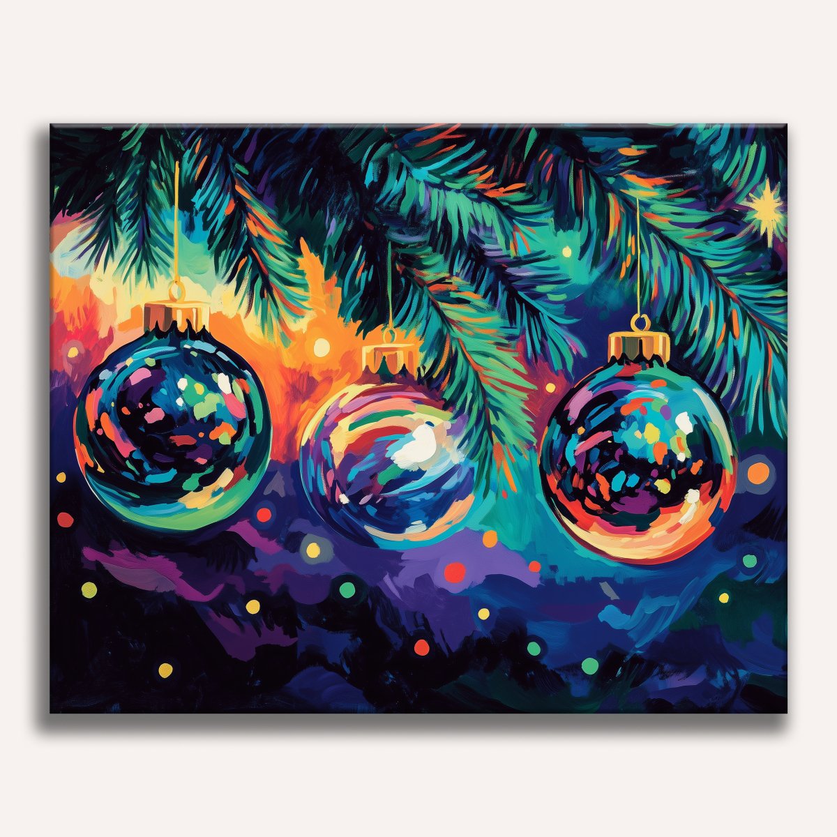 An illustrated Christmas scene featuring three colorful ornaments adorned with lights against a night sky background, set against a festive evergreen branch on which they hang..