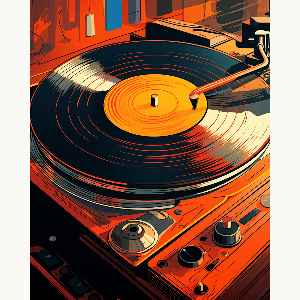 A stylized illustration depicts a vibrant turntable atop a wooden crate with records.