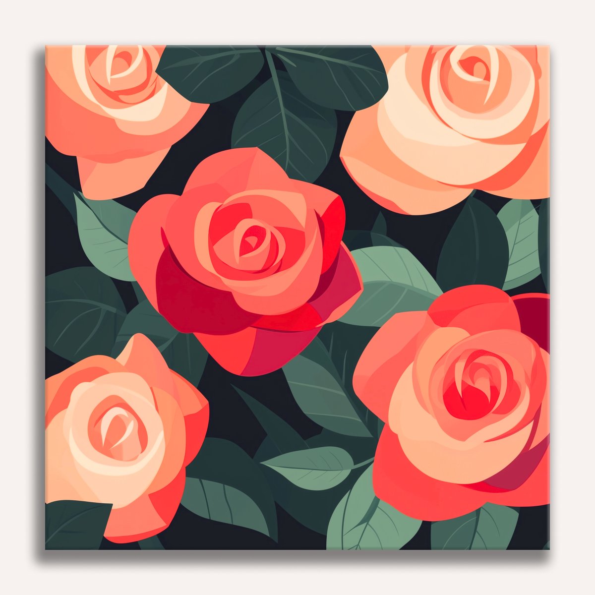 The image displays a vibrant floral print featuring large, beautifully detailed pink roses set against a darker background..