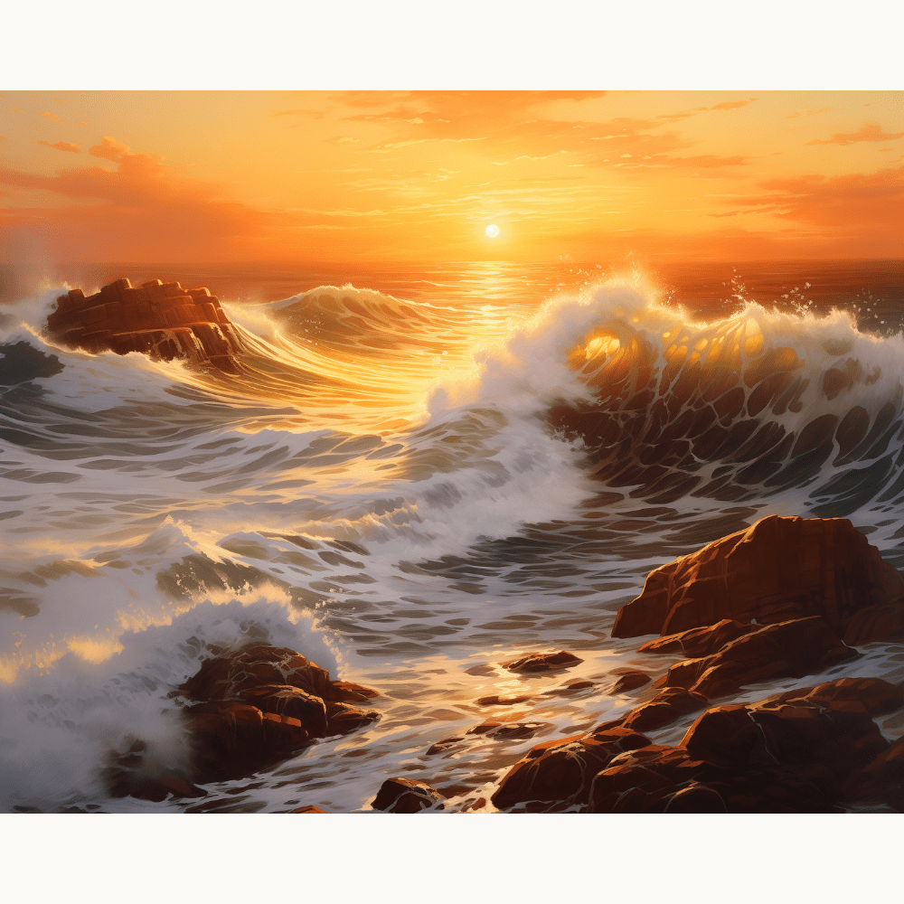 A large canvas print showcases a dramatic ocean scene under an orange-hued sky, suggesting either sunrise or sunset.