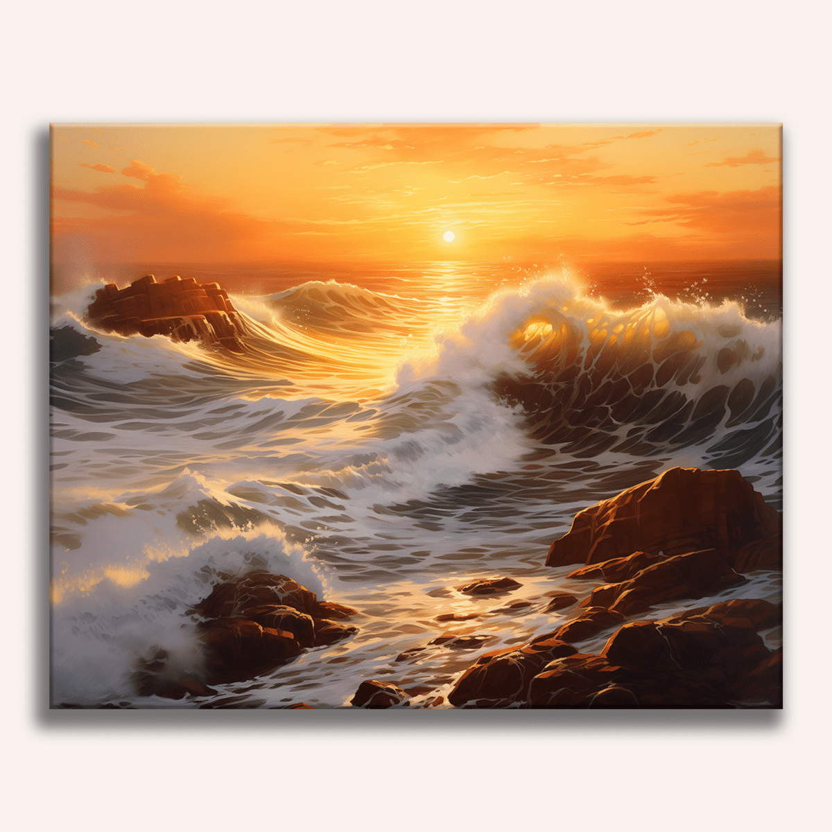 A large canvas print showcases a dramatic ocean scene under an orange-hued sky, suggesting either sunrise or sunset.