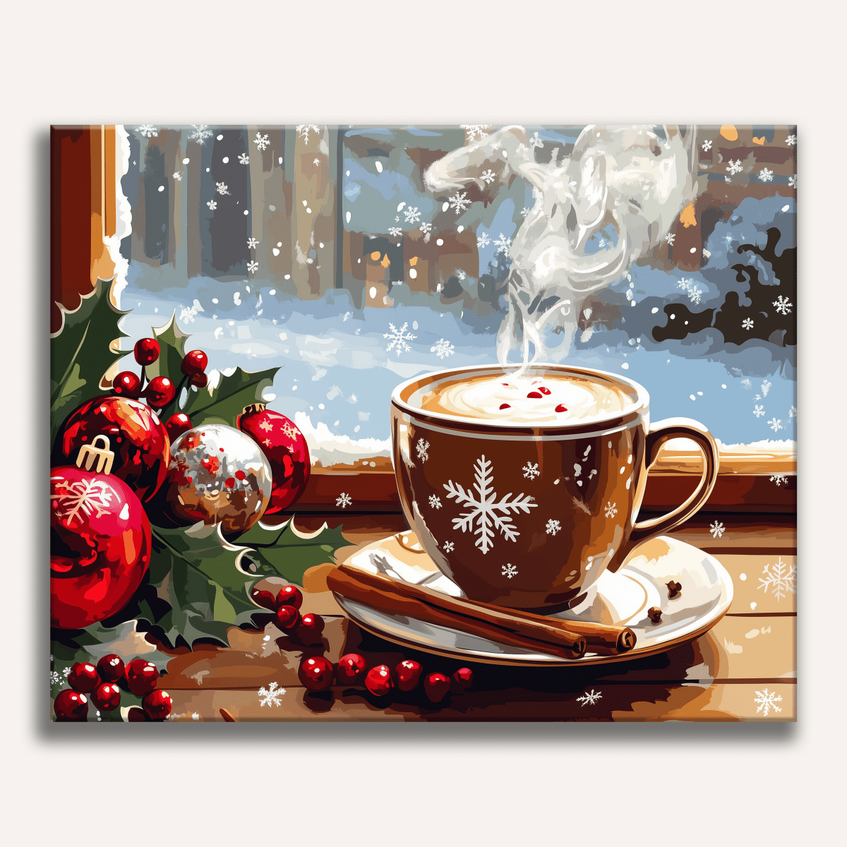 A festive winter scene featuring a hot beverage steaming from a cozy coffee cup on a wooden table, alongside colorful Christmas ornaments and berries.