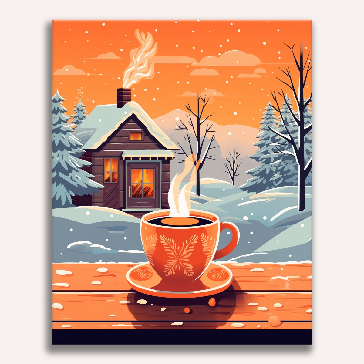 A picture card of a cozy winter scene: a warm cup of coffee on a porch, steam rising from the coffee cup's brim, the soft glow of lights inside the house suggesting warmth and comfort, a snowy landscape with bare trees in the background, all under an overcast sky, evoking a sense of calmness and tranquility..