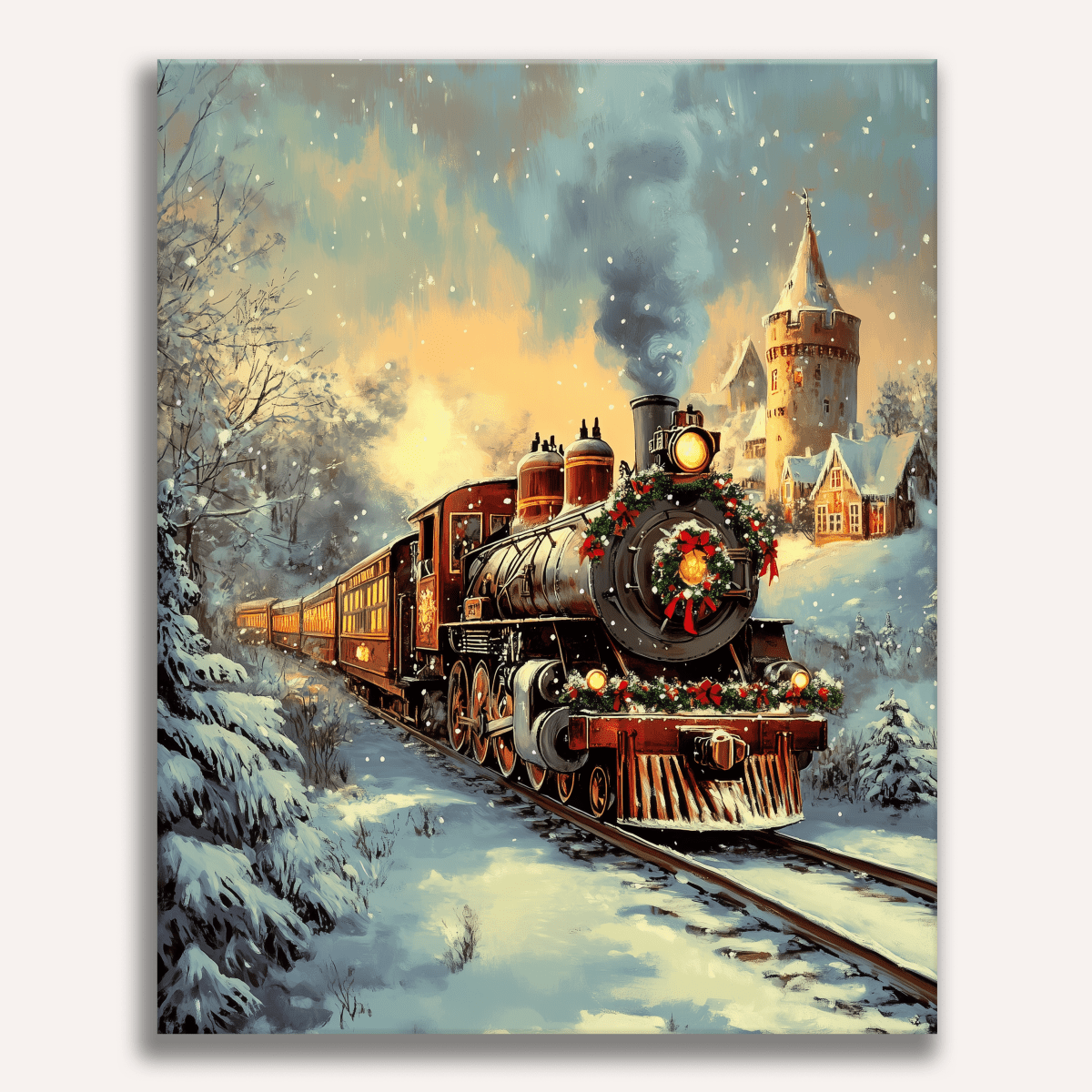 In the image, a vintage train adorned with festive Christmas decorations is captured in motion.