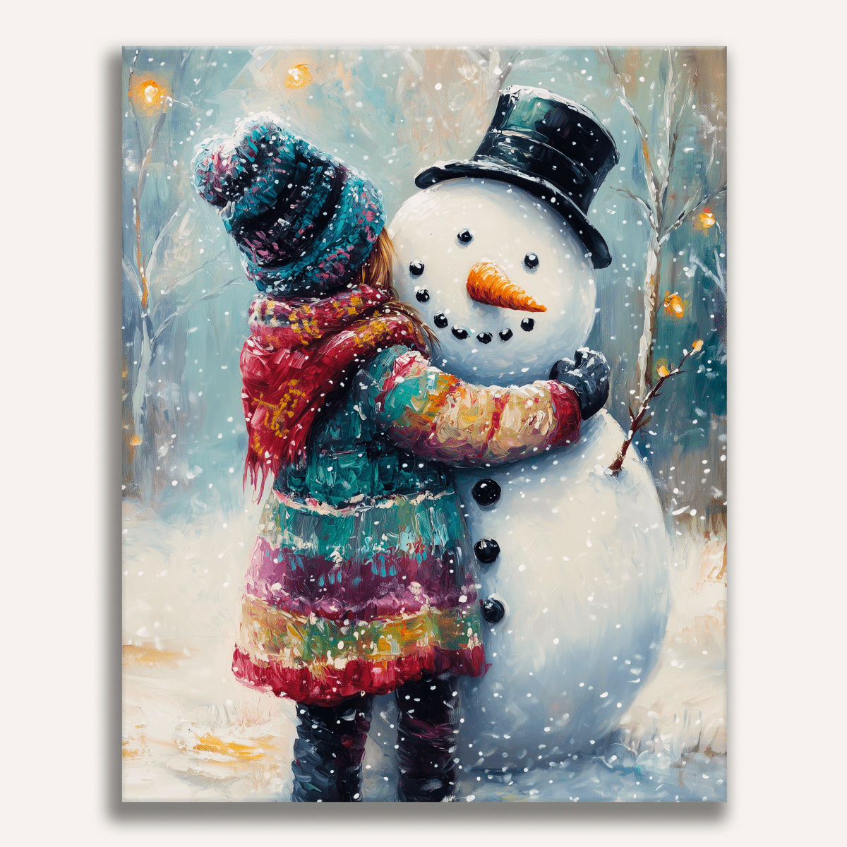 A vibrant holiday card featuring a young girl and an anthropomorphic snowman on a snowy landscape at dusk..