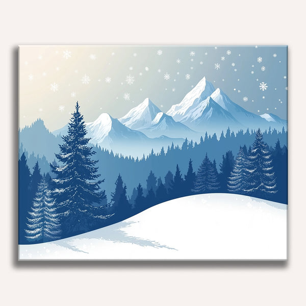 絵画 Winter Mountain Watercolor Illustration. Winter Mountains Landscape, Trees