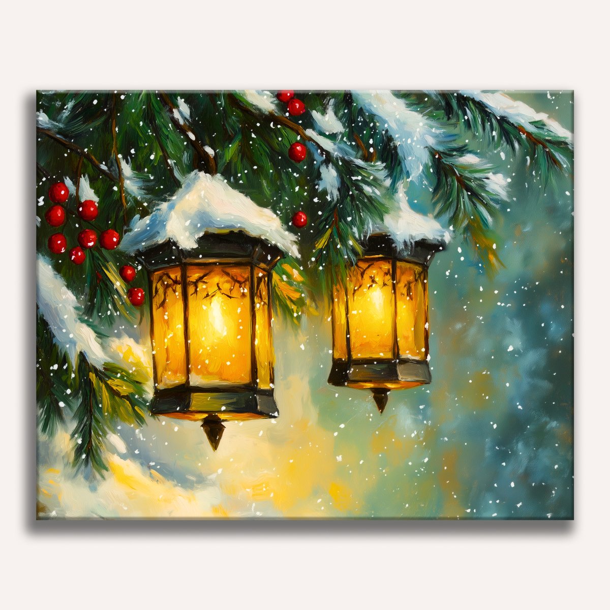 A Christmas scene featuring two ornate lanterns hanging from a tree, illuminating against a backdrop of snow-covered pine branches and a twinkling night sky..